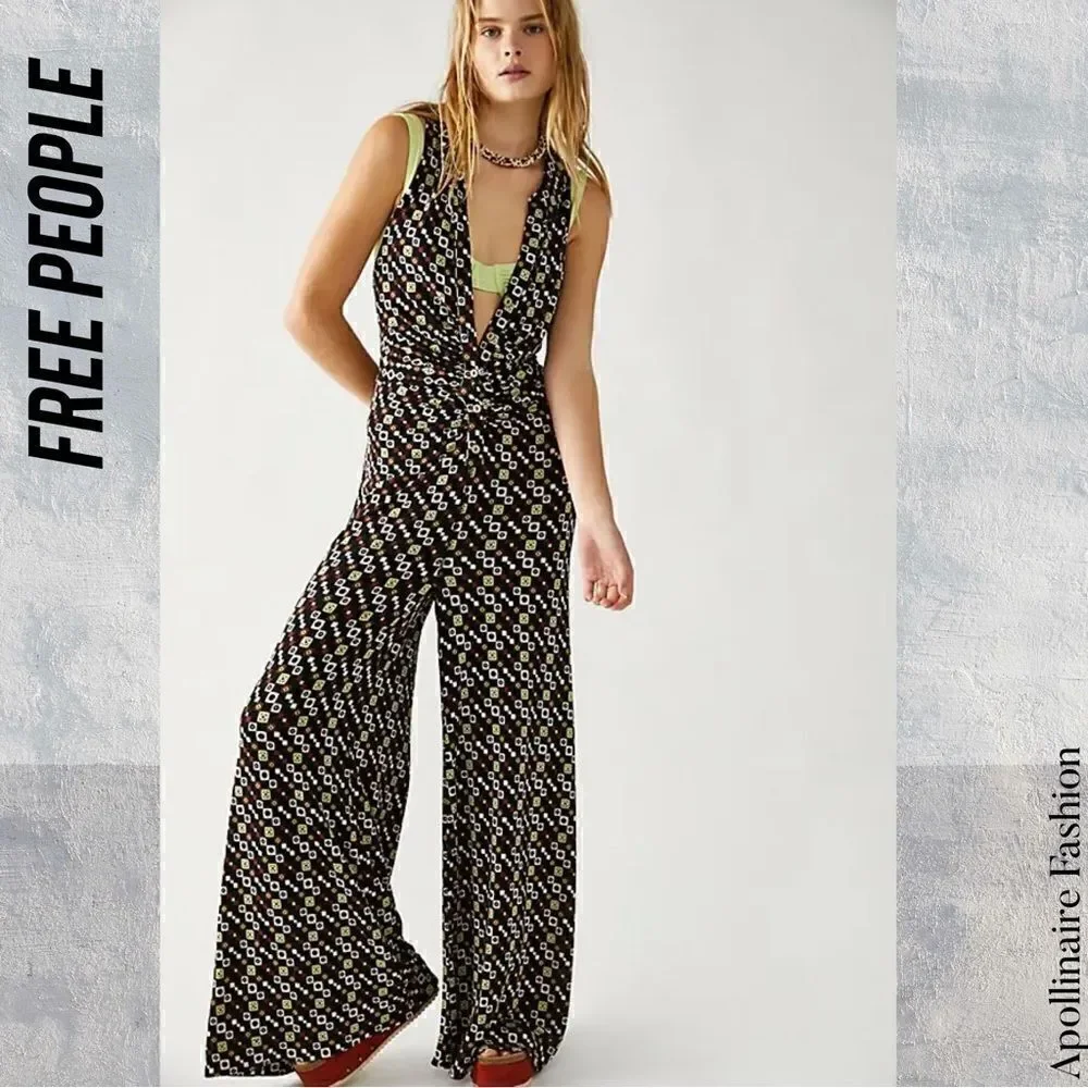 FREE PEOPLE SHAYLA HALTER JUMPSUIT IN BLACK COMBO SMALL NWT